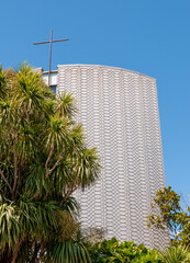 St Joseph's Hato Hohepa Catholic Church near the Basin Reserve in Wellington showing concrete facade with interlocked fishes with cabbage trees providing nice juxtaposition