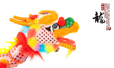 chinese new year concept with hand made dragon isolated on white background,rightside word and seal...