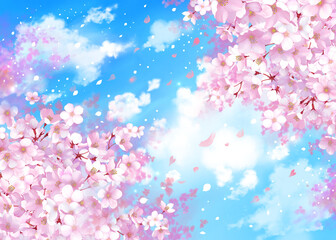 桜と青空の背景素材　桜吹雪　お花見　入学　卒業　入園　卒園　入社　ひな祭り　雛祭り