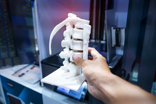 hand with 3d printed human spine in 3d printer.