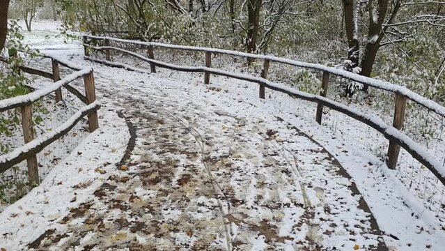 Pan up on a path Berlin in wintertime in the Park Hasenheide covered with snow HD 30 FPS 9 secs