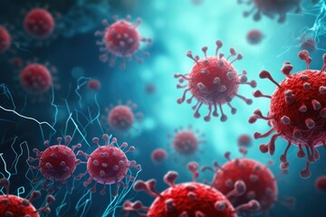 Image of a virus resembling coronavirus in red and blue hues on a dark background - obrazy, fototapety, plakaty