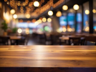 Wooden top table with bokeh light effect and blur restaurant on background