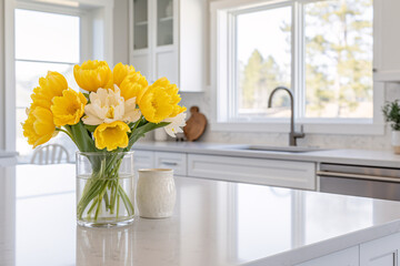 Capture the luminosity of a bright white kitchen island adorned with yellow flowers in a close-up view. Showcase the clean lines and natural light to evoke a sense of elegant culinary space.
