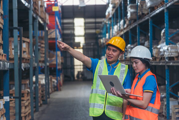 Warehouse management team using computer laptop check stock inventory. Asian men women worker use software computer type keyboard goods shelf. Teamwork logistics staff counting stock store inventory