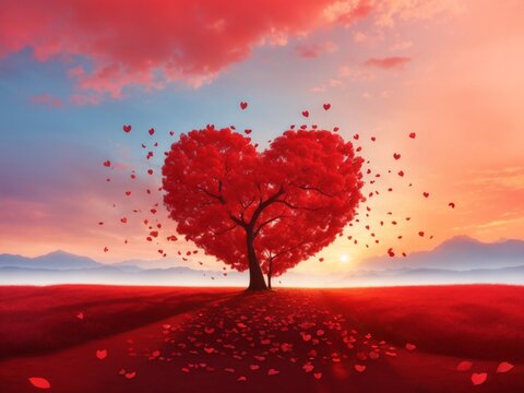 valentine love tree red heart shaped tree at sunset background
