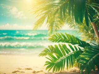 Beautiful nature blur green palm leaves on tropical beach with bokeh light
