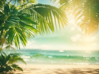 Fototapeta na wymiar Beautiful nature blur green palm leaves on tropical beach with bokeh light 