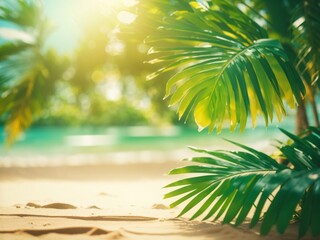 Beautiful nature blur green palm leaves on tropical beach with bokeh light
