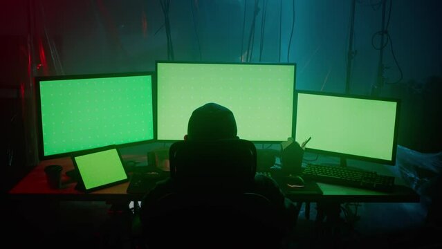 Back view of hacker working on computers with green screen