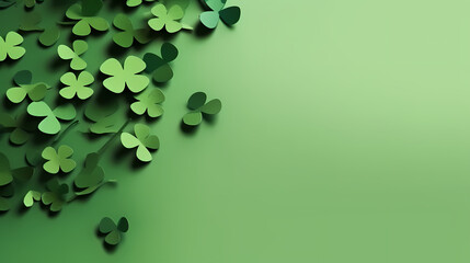 St. patrick's day. green background with clover leaves: shamrock and four-leafed. copy space. Paper craft - obrazy, fototapety, plakaty