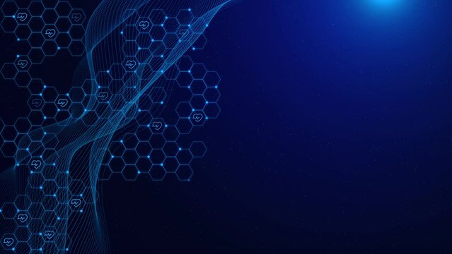 4K Futuristic medical, healthcare technology Animation Background for design Medical, Chemistry medical background with molecules and atoms. science and research healthcare, innovation health.