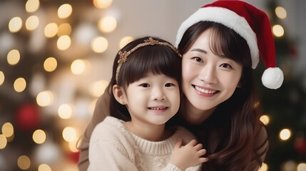 Asian woman wearing Christmas hat with daughter in the living room