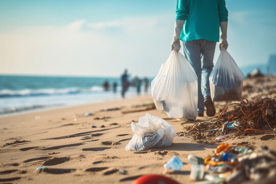 A dedicated young volunteer, wearing black gloves, walks along the riverbank with a garbage bag in hand, passionately cleaning up the litter-strewn shore.  Generative AI.
