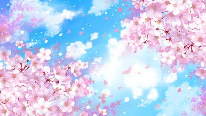 桜と青空の背景素材　桜吹雪　お花見　入学　卒業　入園　卒園　入社　ひな祭り　雛祭り　16:9