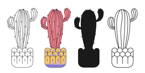 Cactus in flowerpot linear cartoon set. Hand drawn trendy textured succulent collection isolated. Mexican desert home plants silhouette and doodle cacti. Potted houseplants vector illustration