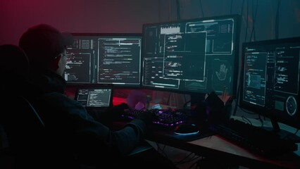 Asian hacker engrossing in work at monitor computer setup