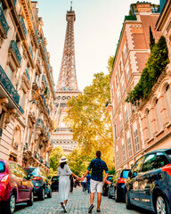 couple men an woman honeymoon Paris Eiffel tower, couple men and woman city trip in Paris
