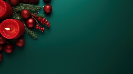 Christmas background with red candle, pine cones and holly berries. Top view