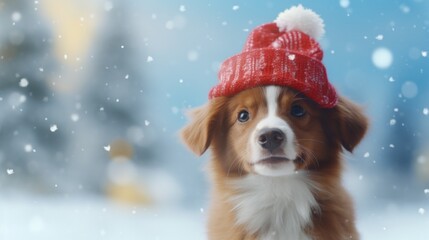 Cute dog in a red hat on a background of winter forest