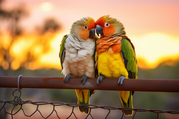 two parrot standing together