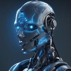 imagine the concept of a artifictial intelligence robot, a blue glow in the head,realistic,hyperdeta