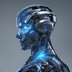 imagine the concept of a artifictial intelligence robot, a blue glow in the head,realistic,hyperdeta