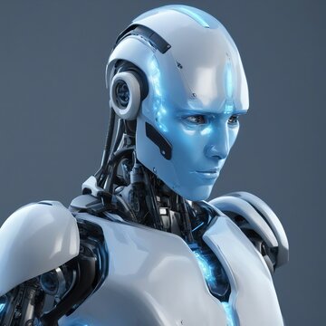 imagine the concept of a artifictial intelligence robot, a blue glow in the head,realistic,hyperdeta