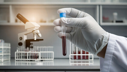 white-coated arm holding a blood test tube, scientific and medical concept, laboratory sample analysis