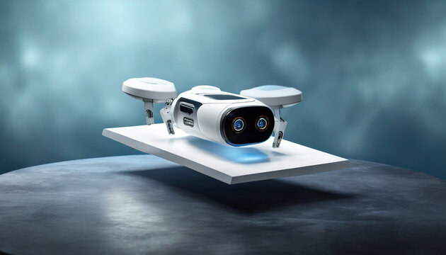 Futuristic tech gadgets on a pristine backdrop, showcasing innovation and sleek design in a minimalist setting