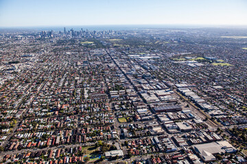 An aerial view of Brunswick looking towards Melbourne CBD in Victoria, Australia.
