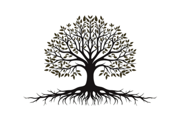 Black silhouette tree with roots. Tree with roots, on  transparency  on transparency generative AI 