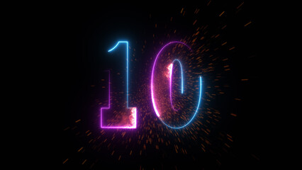Luminous in the dark, vibrant neon light, number ten in a 3D render.