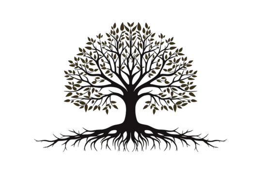 Black silhouette tree with roots. Tree with roots, on  transparency  on transparency generative AI 