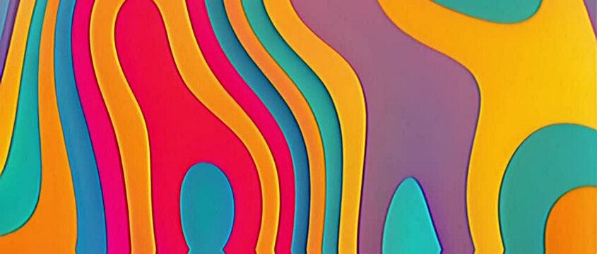 Trendy retro 1970s wavy pattern background with gently moving cutout shapes in vintage color tones. This simple abstract motion background animation