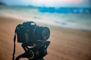Camera filming ocean of Punta Cana, Dominican Republic