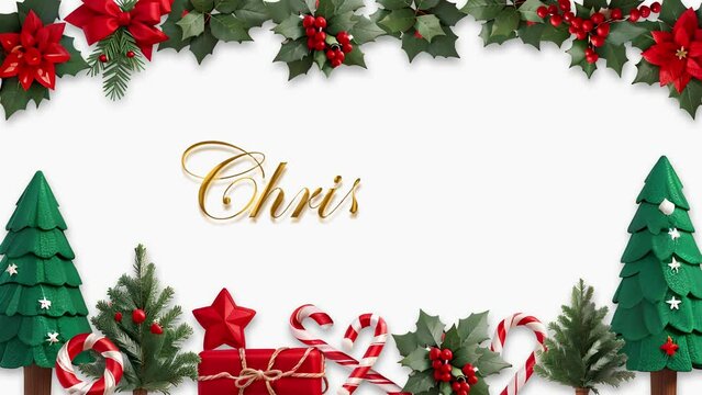 animation merry Christmas greeting with holly leaves, candy canes, and poinsettias. This festive asset is suitable for holiday cards, social media posts, and seasonal designs.