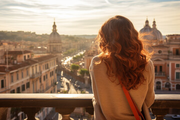 Obraz premium The portrait view of a female tourist with curly hairstyle is looking at the Florence city landscape from the railing balcony on a sunny day, shot from behind. Generative AI.