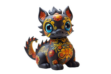 
12 animal designations PNG: a figurine of a lovely dragron baby, Very cute with colorful designs, Chinese traditional folk mud dog art style, in the style of woodcarvings