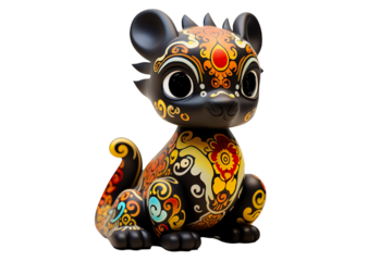
12 animal designations PNG: a figurine of a lovely dragron baby, Very cute with colorful designs, Chinese traditional folk mud dog art style, in the style of woodcarvings