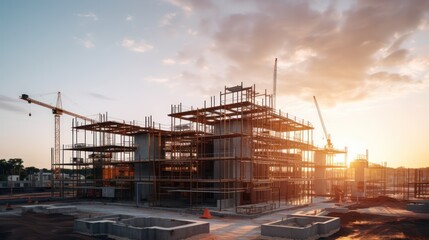 Construction background: A Construction site of large residential commercial building, some already built, large metal structure with bright sky background.