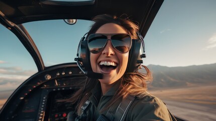 A beautiful female pilot taking a selfie in the cockpit while piloting a plane with the sky in the background. - obrazy, fototapety, plakaty