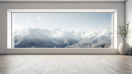 Empty room with panoramic view of mountains in the background