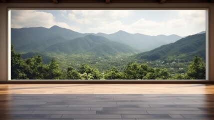Fototapeta premium Empty room with panoramic view of mountains in the background