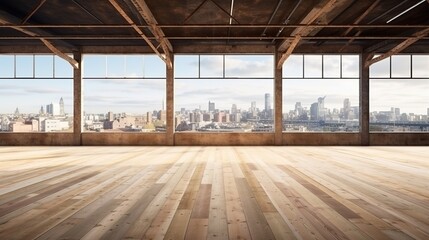 Interior of modern loft with wooden floor and panoramic windows