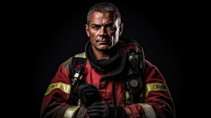 Obraz premium A Professional firefighter with arms folded looking at camera, side view, half body shot, black isolated background,