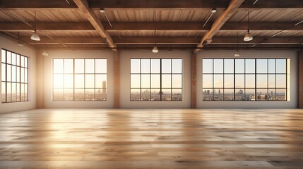 Interior of modern loft with wooden floor and panoramic windows