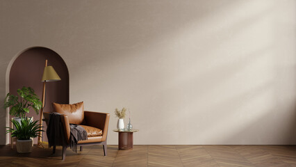 Living room have leather armchair and decoration minimal on two tone wall