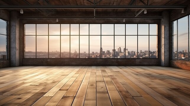 Fototapeta Interior of modern loft with wooden floor and panoramic windows