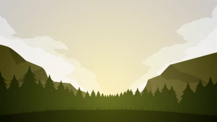 Gordijnen Pine forest landscape vector illustration. Scenery of coniferous forest in the morning with cloudy sky. Pine forest panorama for background, wallpaper or illustration © Moleng